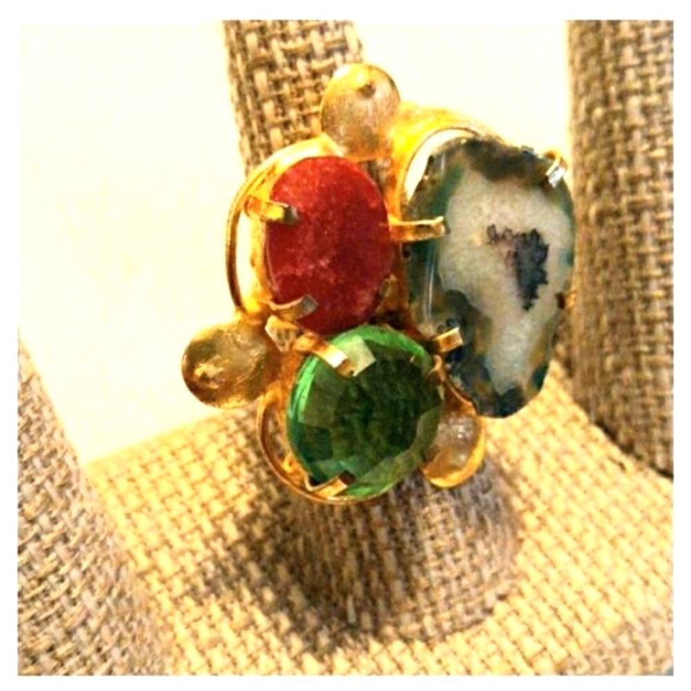 GORGEOUS VERMEIL THREE SEMIPRECIOUS STONES RING - Picture 3 of 5